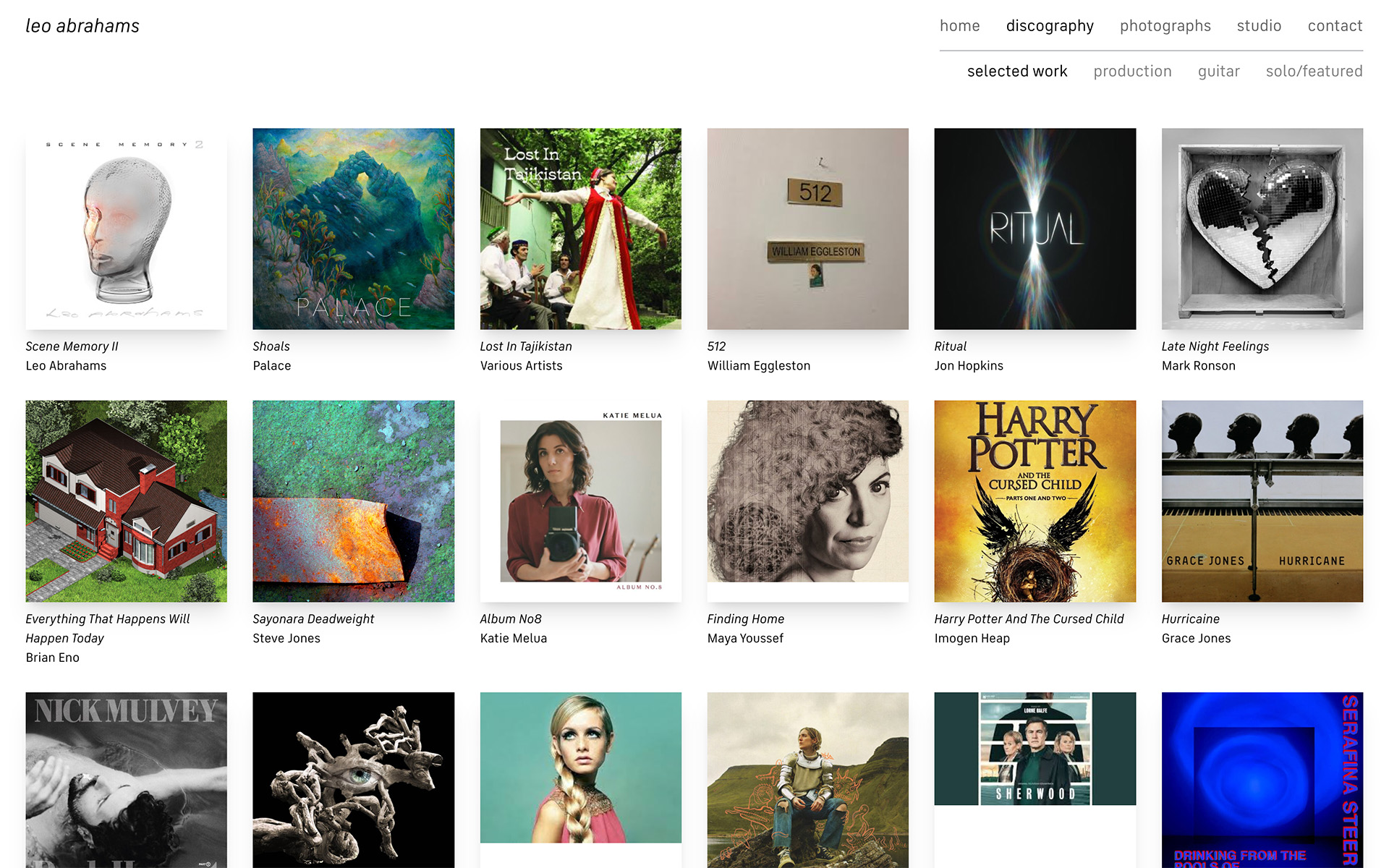 The discography page of Leo Abrahams website designed by Code With Feeling, showing album covers by various artists on a white background